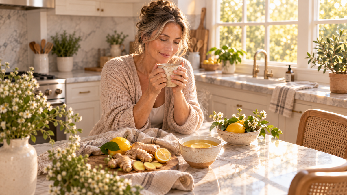 Woman in kitchen enjoying morning wellness routine and planning supplement timing