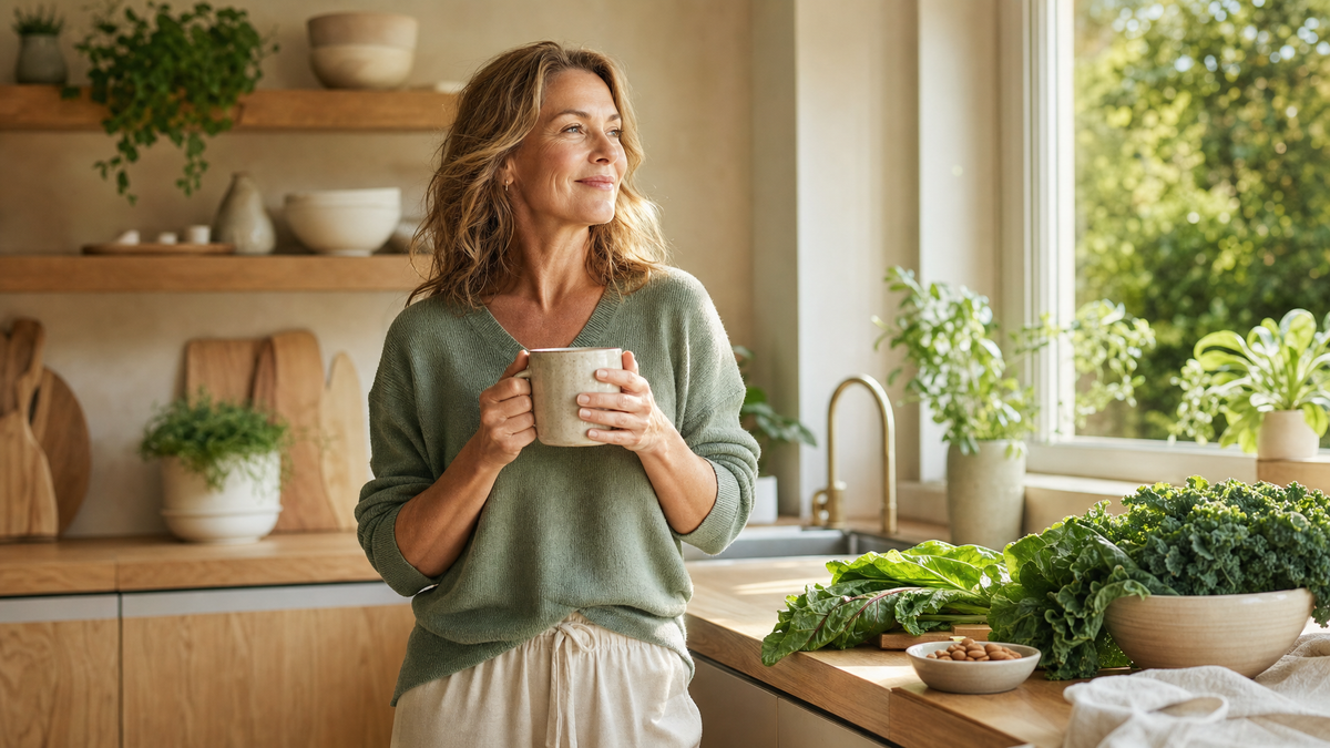 Mature woman enjoying a mindful morning tea in a sunlit kitchen