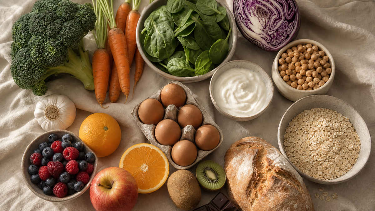 Overhead grocery haul of vegetables, fruit, eggs, grains, and dark chocolate on cream linen
