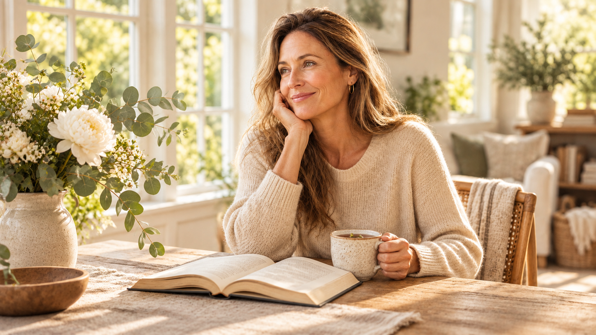 Serene woman in her 50s enjoying a warm morning tea in a bright sunlit kitchen