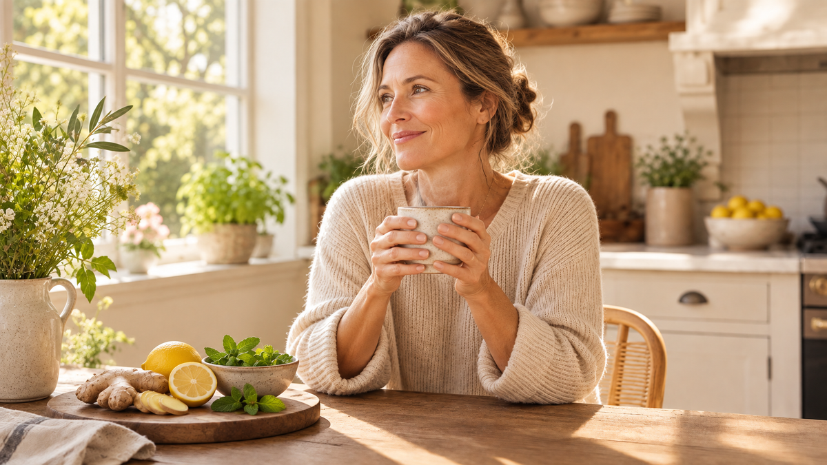 Serene woman in her 50s enjoying a warm morning drink at a sunlit kitchen table