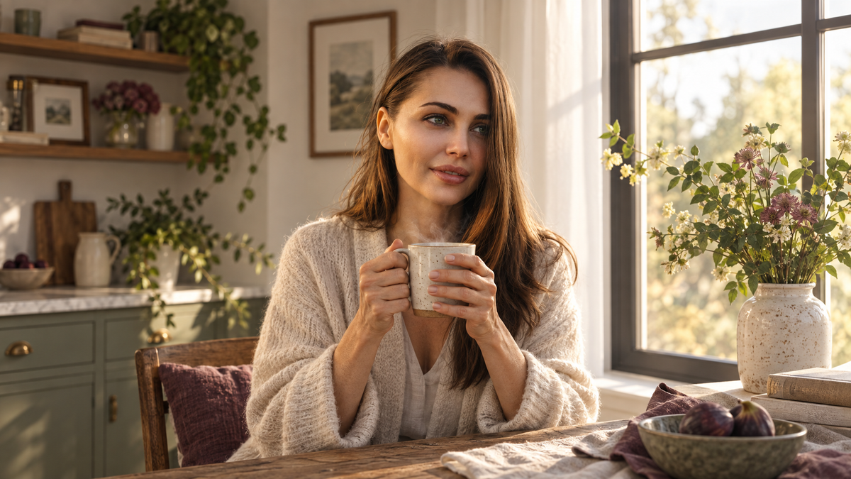 Woman over 45 holding a warm ceramic mug in a bright morning kitchen