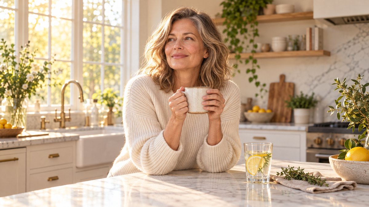 Woman in her early 50s enjoying a calm morning in an elegant, sunlit kitchen, natural skin texture and warm golden light
