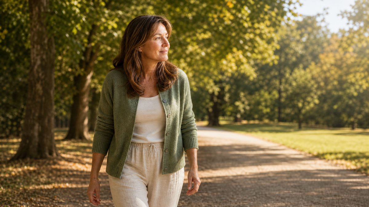 Woman in her early 50s walking on a sunlit park path in the morning, warm natural light, relaxed and mobile