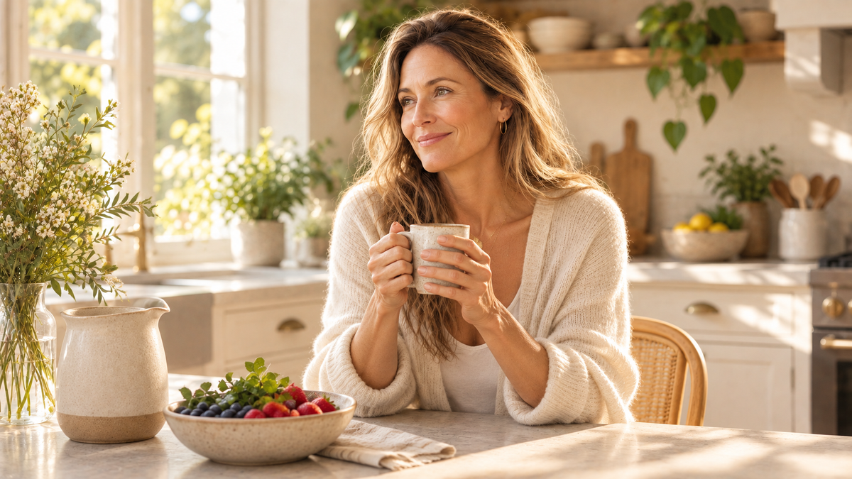 Woman in her early 50s enjoying a peaceful morning in a warm, sunlit kitchen with radiant, healthy skin