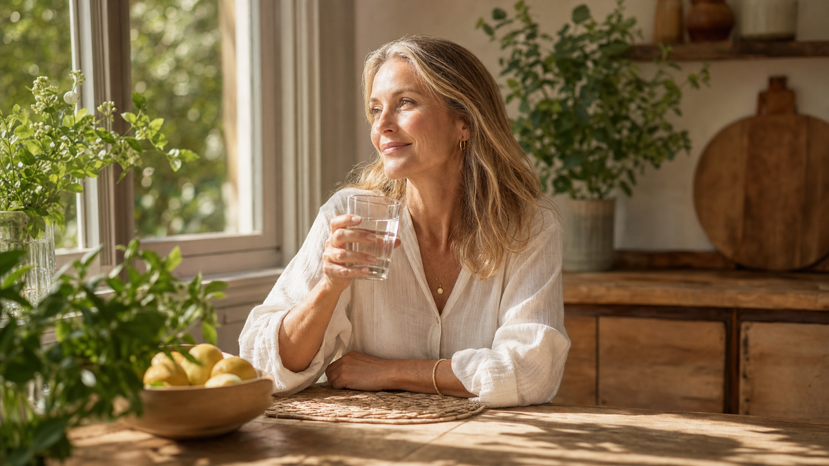 A woman over 45 enjoying a moment of natural energy in her sunlit kitchen