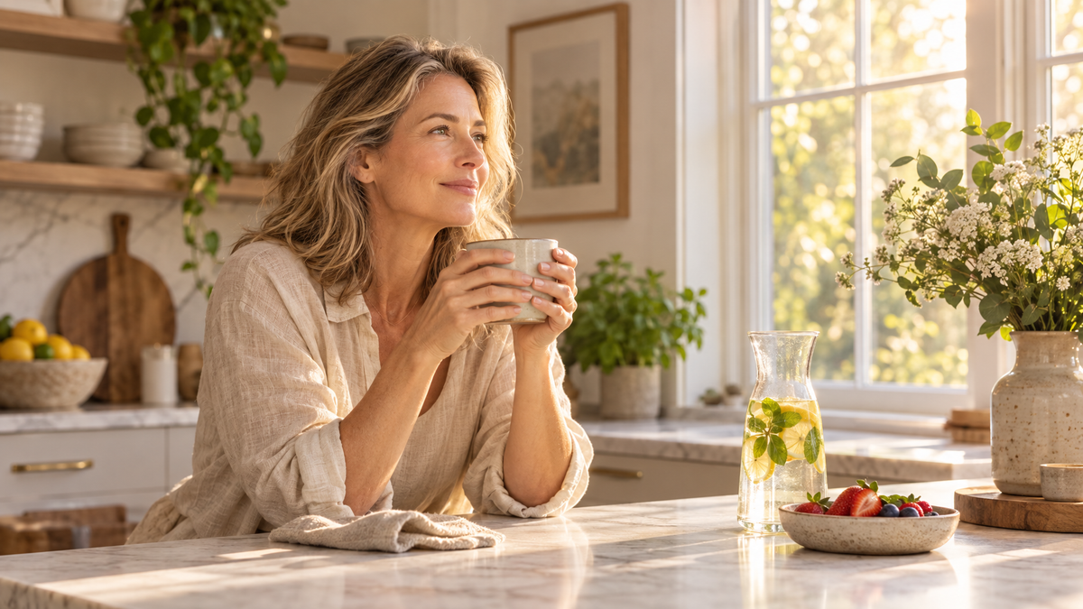 Woman in her early 50s in a bright, peaceful morning kitchen holding a ceramic mug thoughtfully