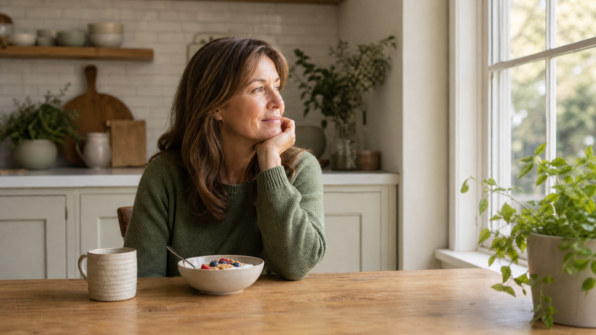 Woman in her early 50s sitting at a bright kitchen table, looking out the window thoughtfully, warm natural light, calm morning setting