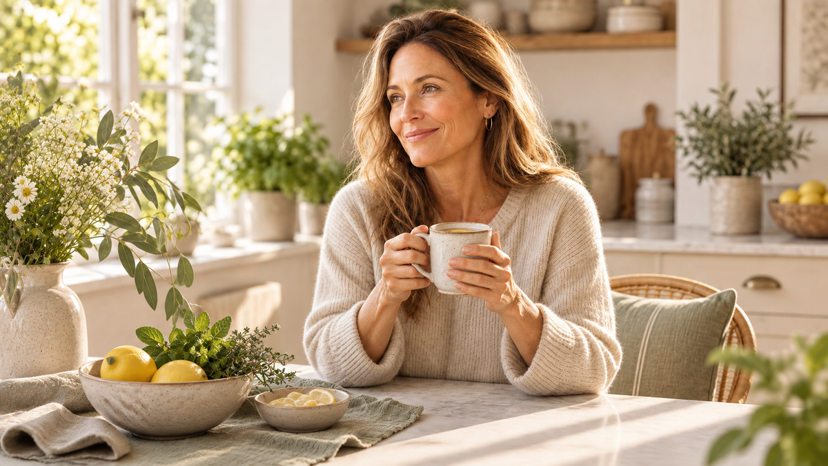 A woman over 45 relaxing in a bright morning kitchen enjoying tea after breakfast