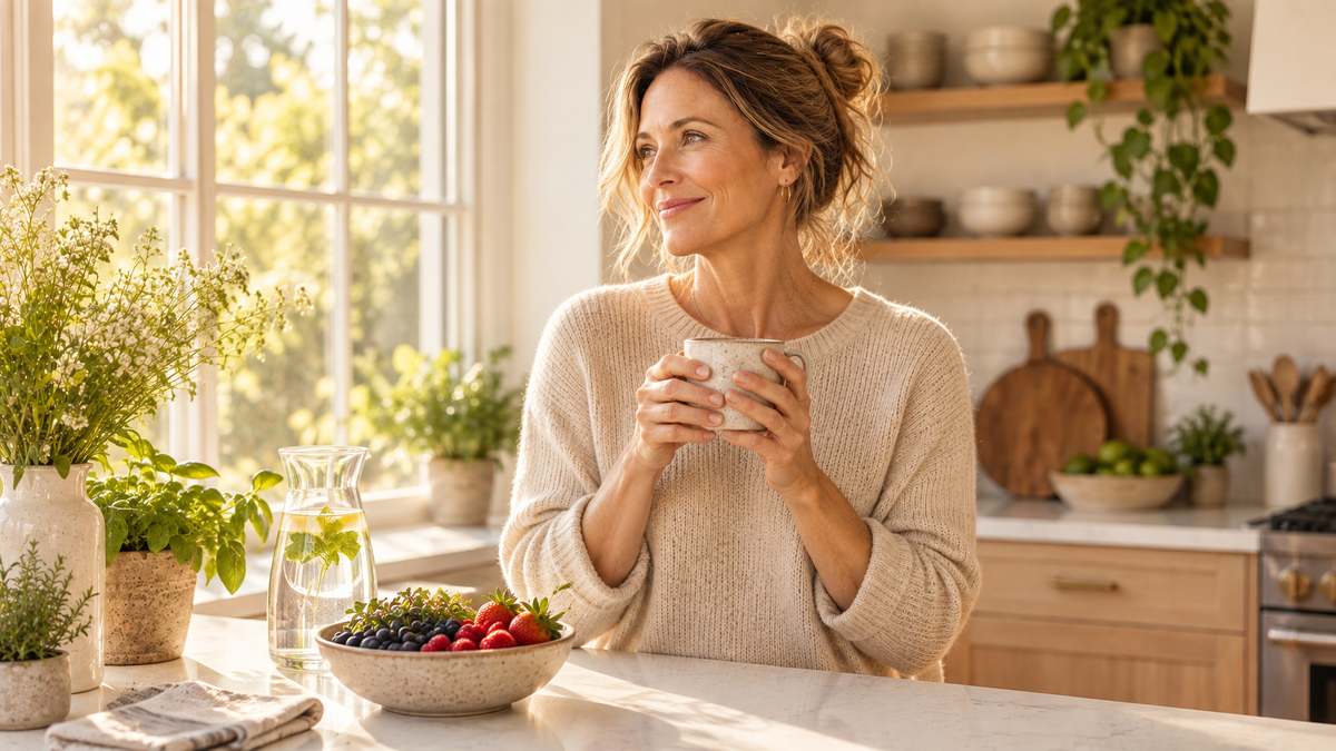 Mature woman in her early 50s standing in a warm sunlit morning kitchen holding a ceramic mug thoughtfully