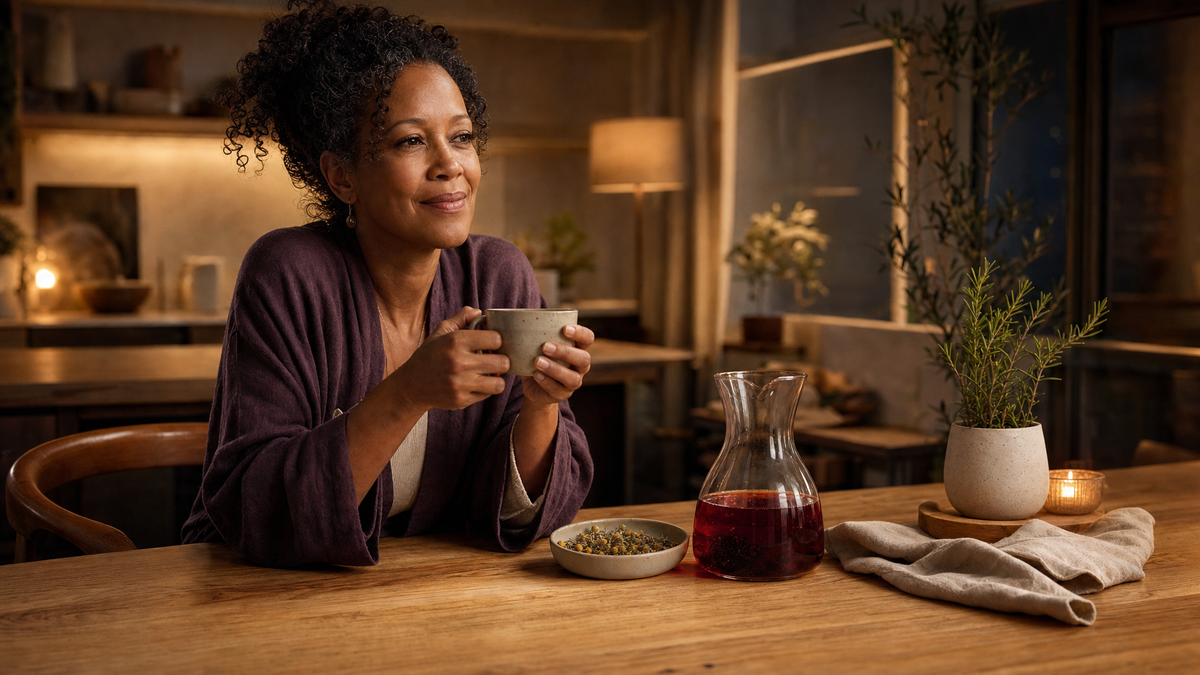 A woman in her early 50s enjoying a warm natural sleep drink in a cozy evening kitchen setting