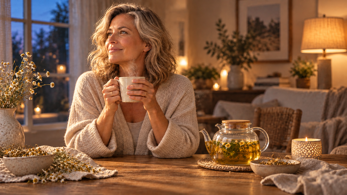Serene woman in her early 50s relaxing with a warm ceramic mug in an evening living room