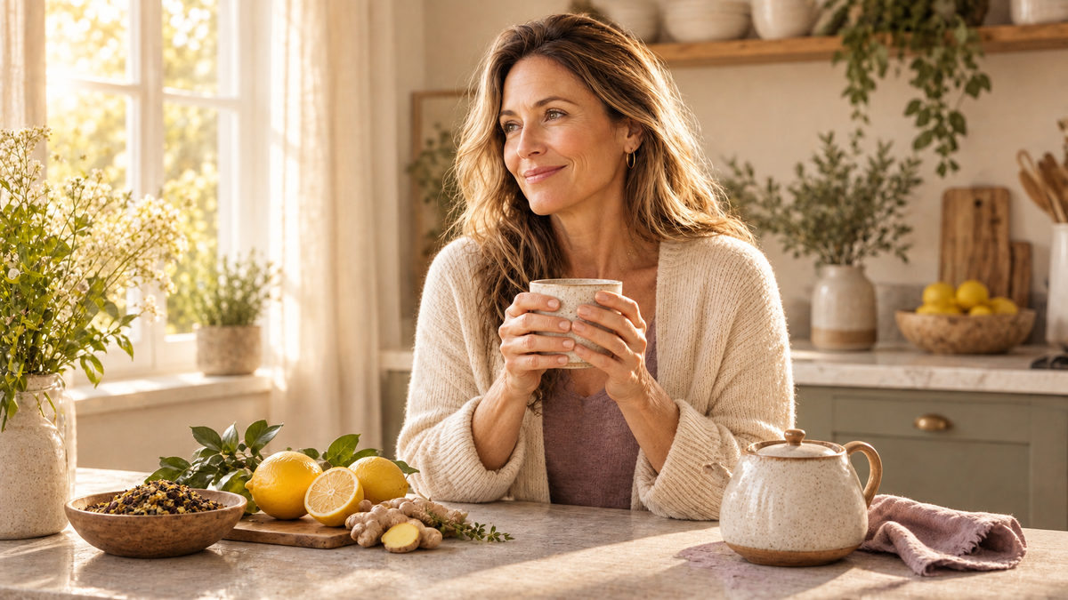 Woman over 45 enjoying a warm anti-inflammatory morning herbal drink in a sunlit kitchen